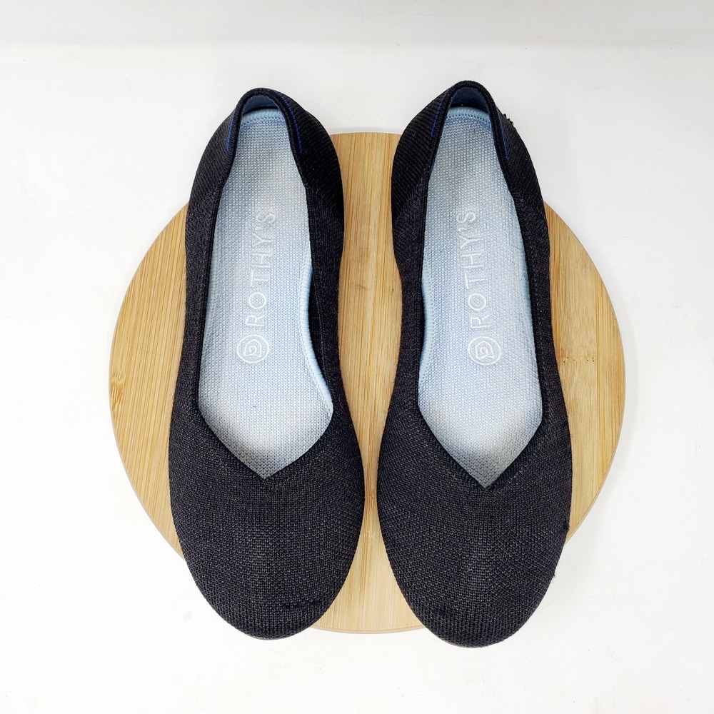Rothys The‎ Merino Flats Shoes Womens 8.5 Black Knit Round Toe Slip On WORN